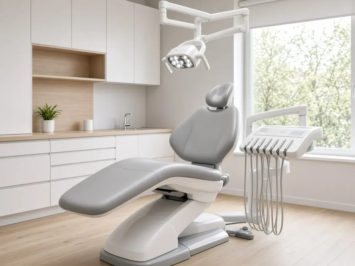 Dental treatment chair, operating light, and delivery unit in an empty operatory