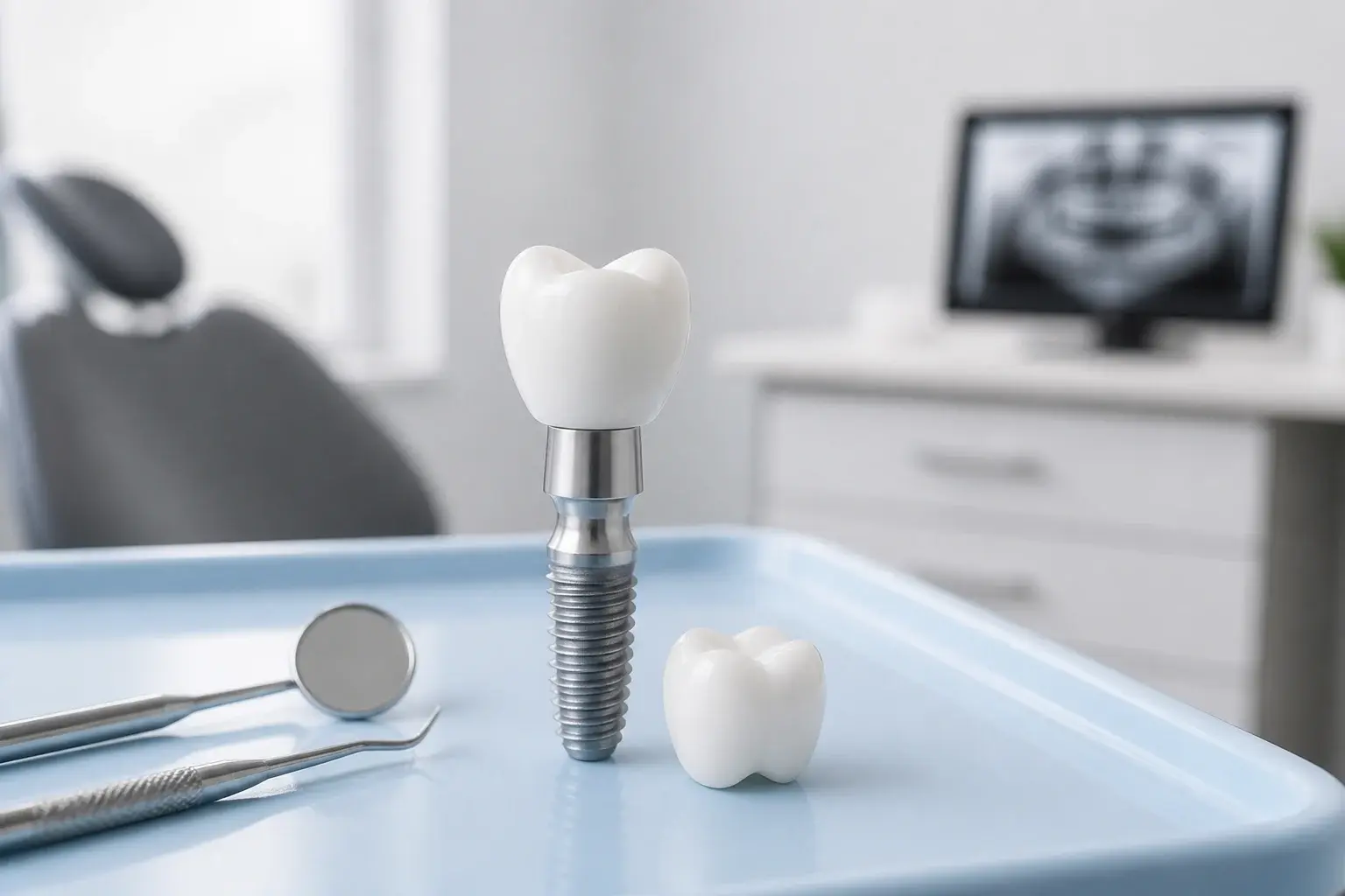 Dental implant model and jaw scan in clinic showing factors used to decide candidacy for implants