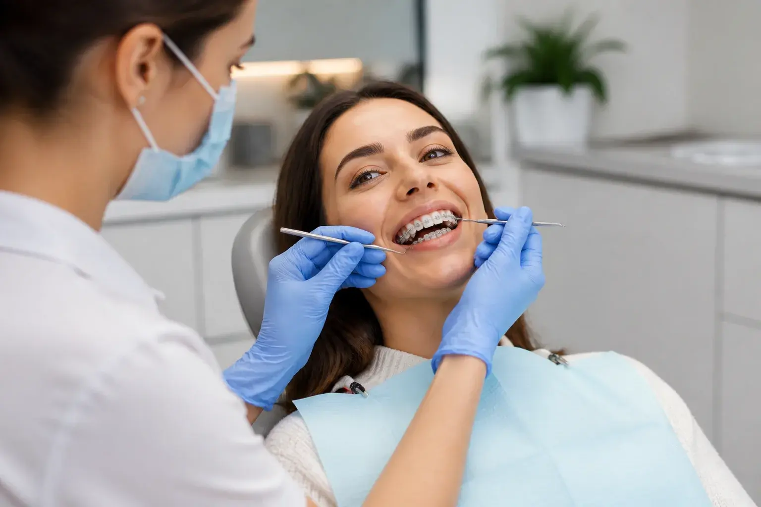 Adult orthodontic consultation with braces model and mirror showing treatment options beyond the teen years