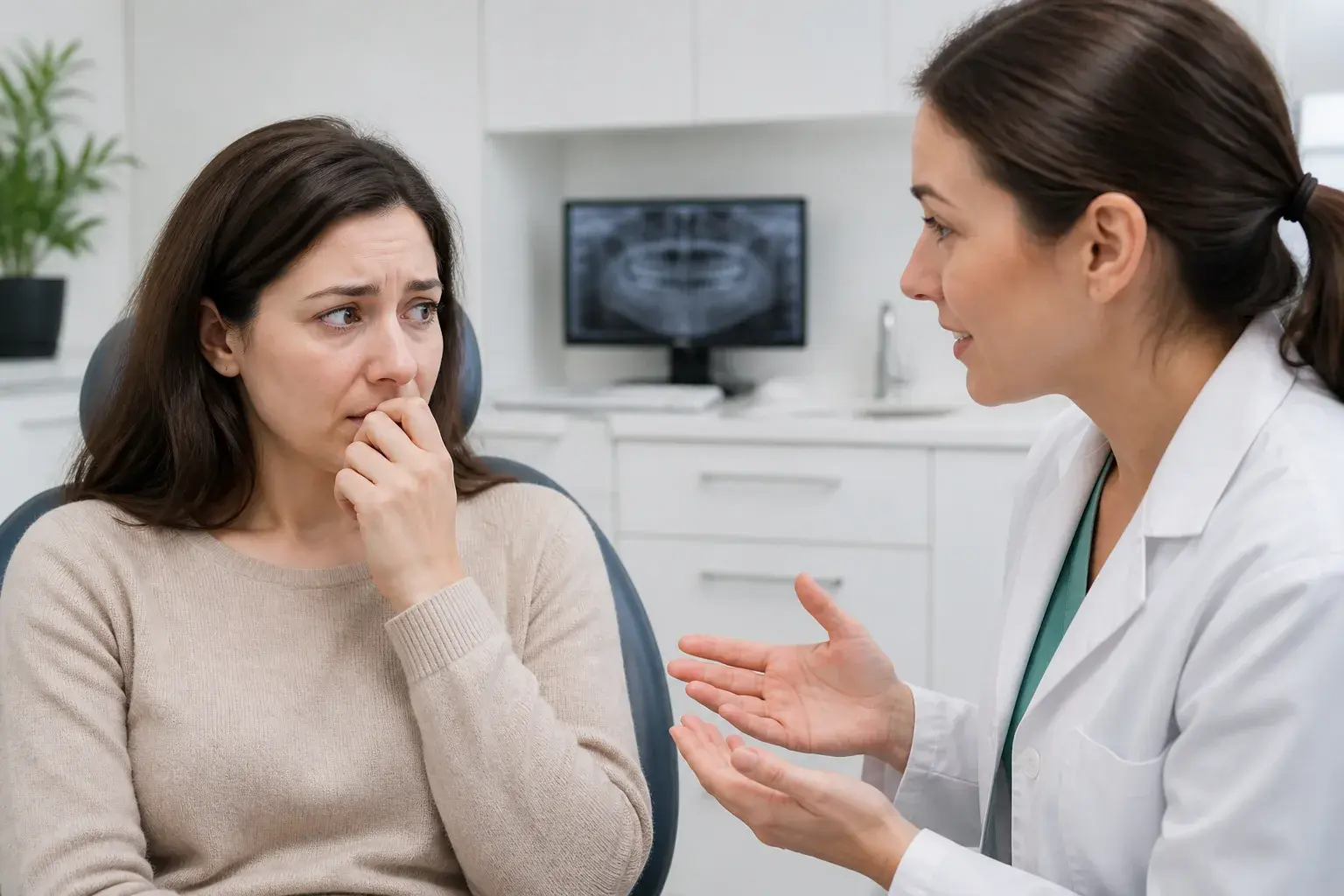 Patient and dentist discussing worsening dental anxiety with comfort plan notes in a quiet consult room