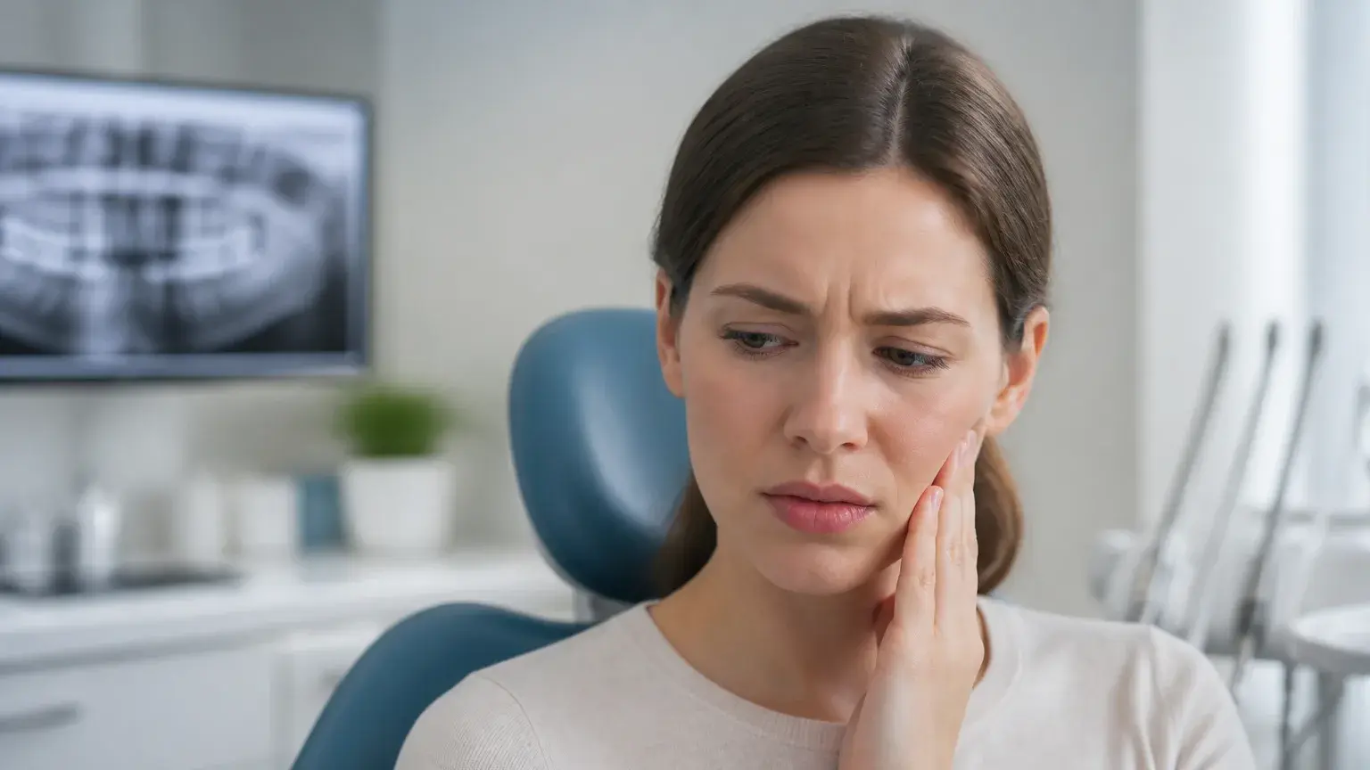 TMJ ear pain consultation showing a patient pointing near the ear and jaw joint in a dental office