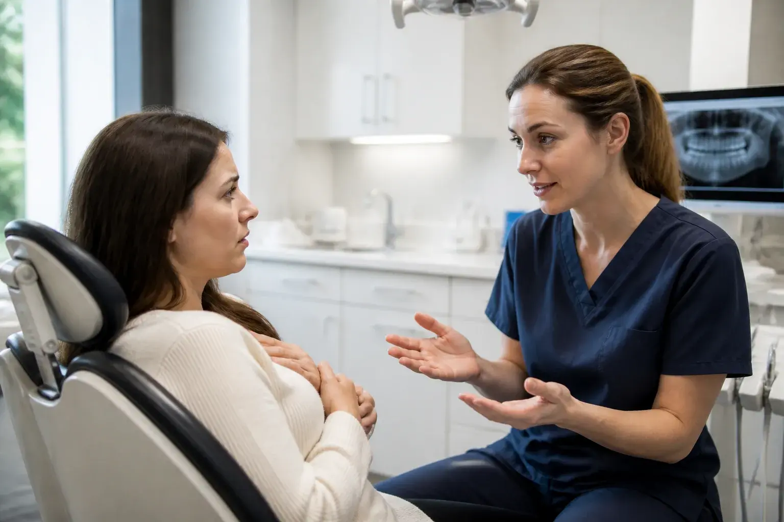 Anxious patient discussing sedation options with a dentist beside a calm treatment room setup
