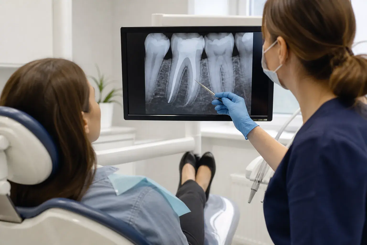 Post-root-canal checkup scene with X-ray and calm recovery guidance for deciding when it is safe to drive