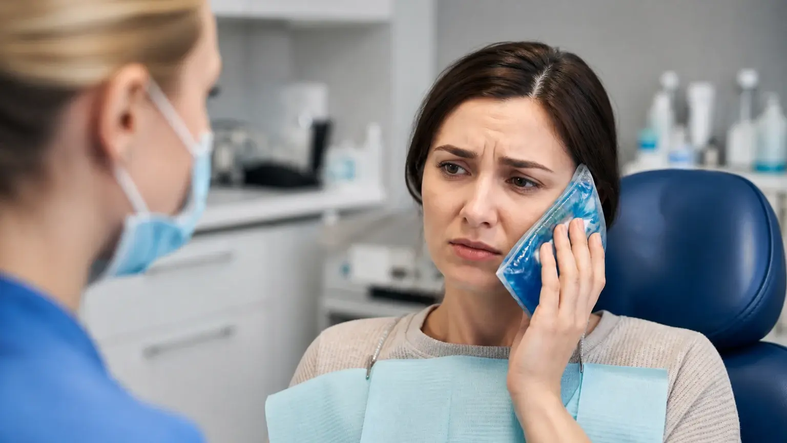 Patient with severe tooth pain comparing dental clinic and ER options during urgent care triage