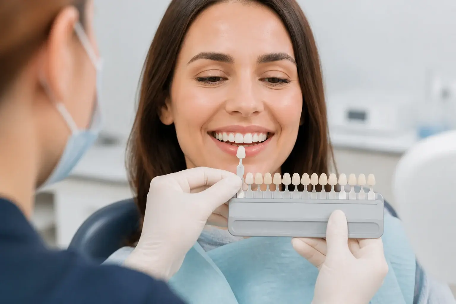 Porcelain crown and veneer samples beside a shade guide showing why restorations do not whiten