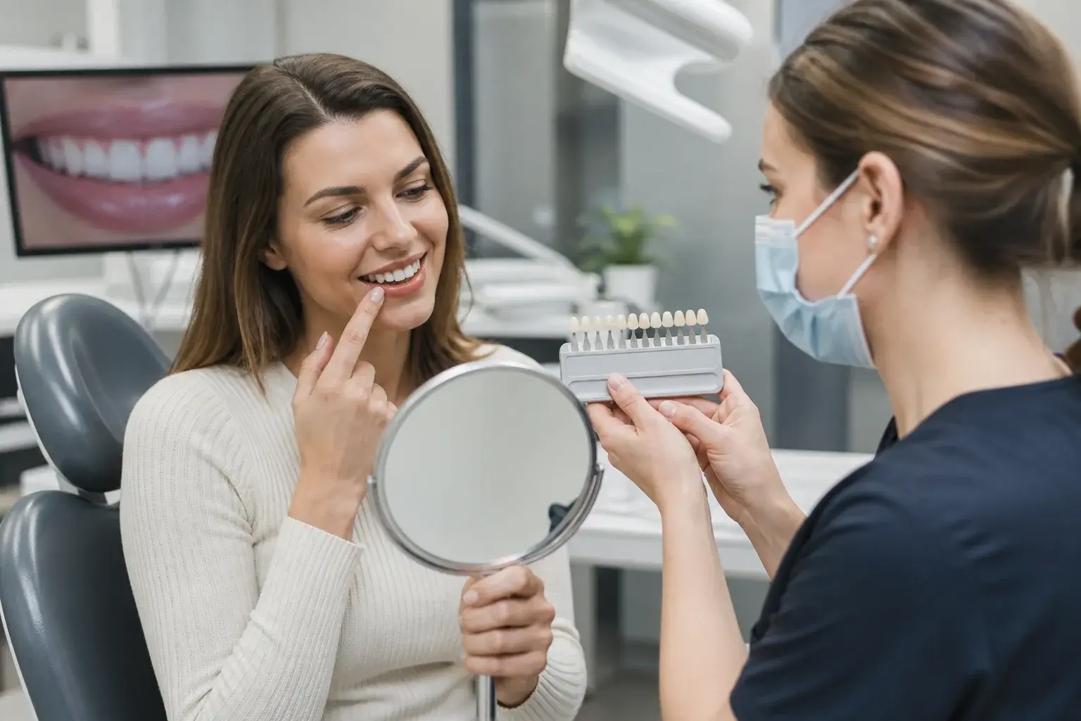Conservative veneer consultation with tooth model and shade guide explaining enamel protection concerns