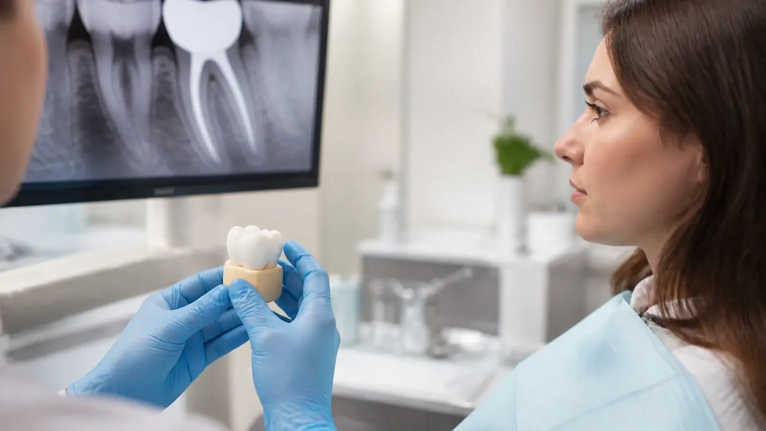 Dental crown model beside a sealed root canal x-ray during a tooth restoration planning visit