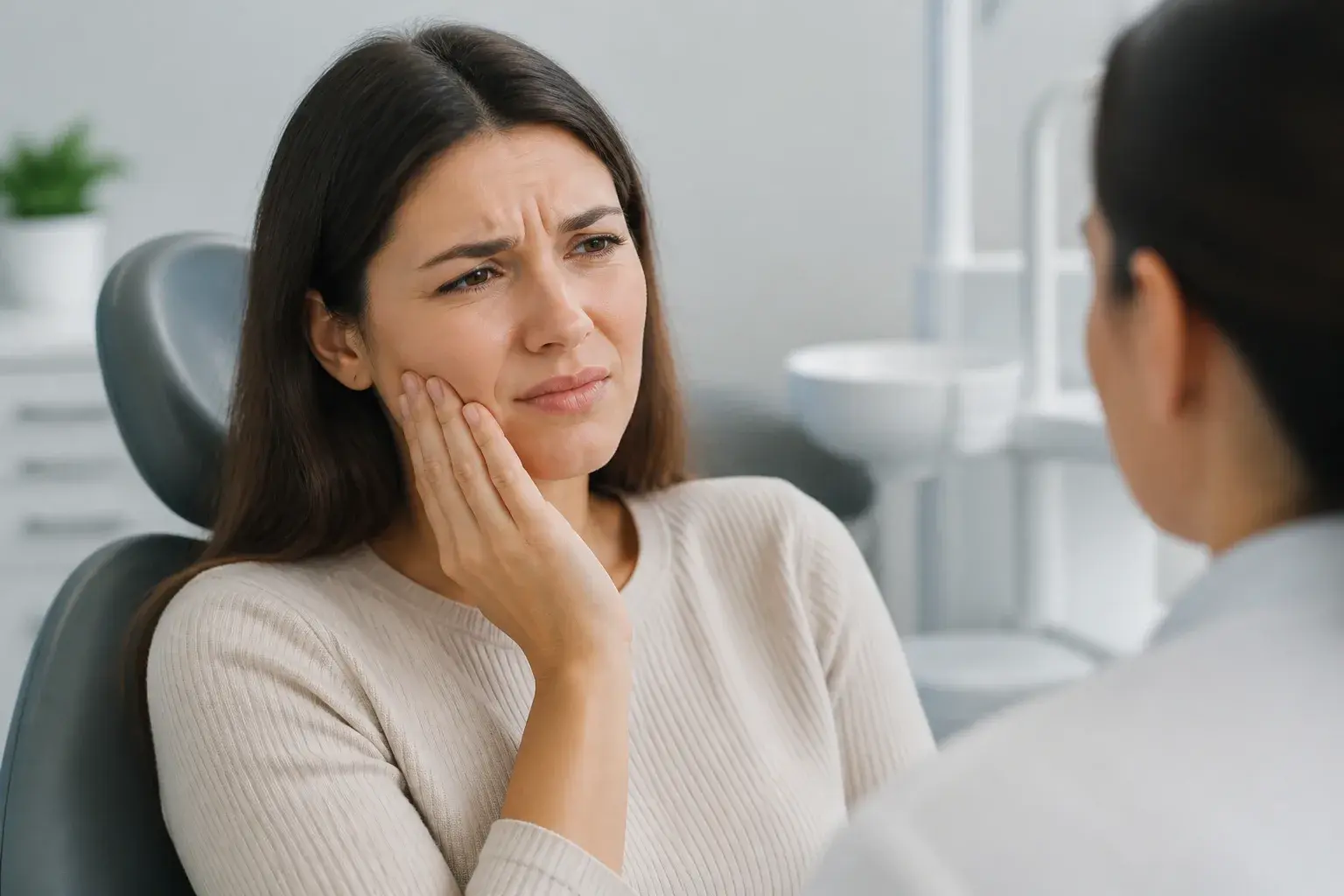 TMJ treatment consultation with jaw model, night guard, and dentist explaining care options