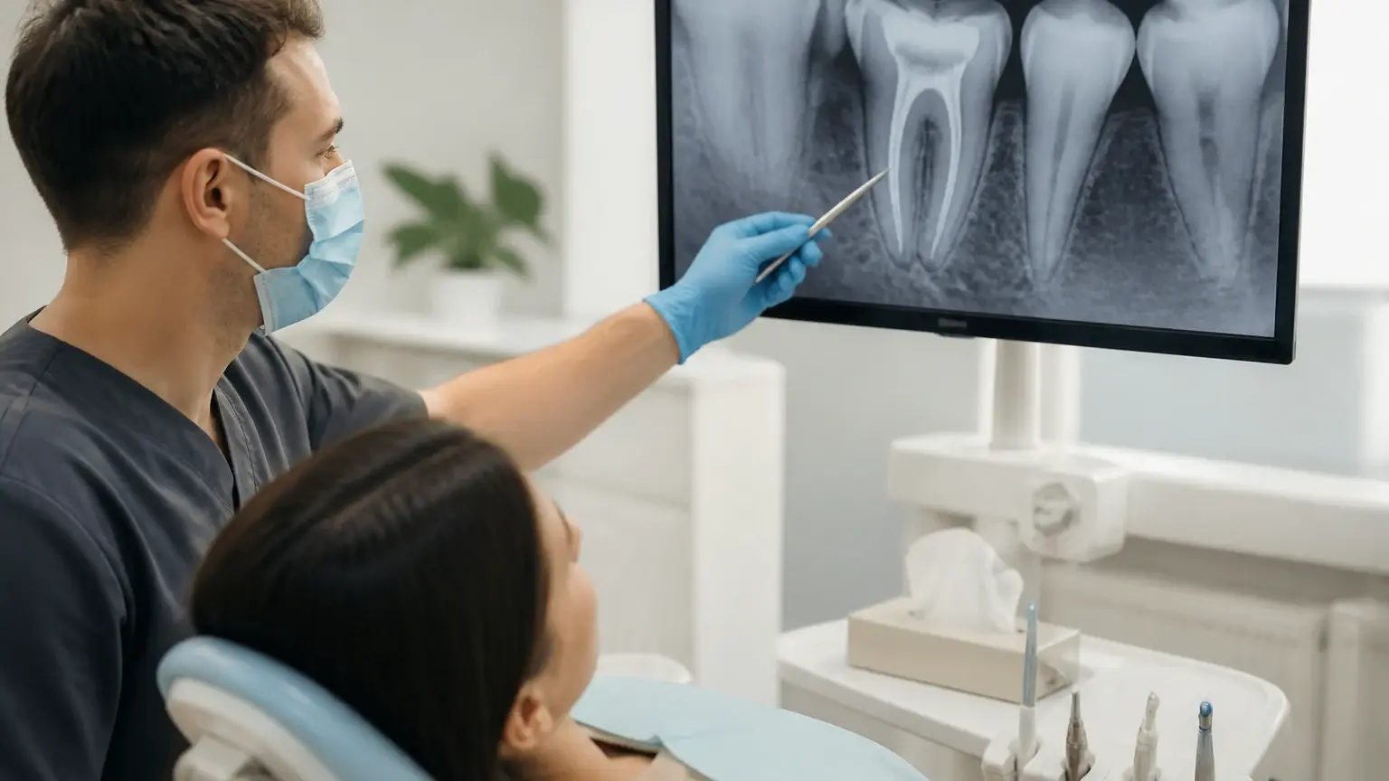 Clock and endodontic tray beside a dental x-ray showing the planned length of a root canal visit