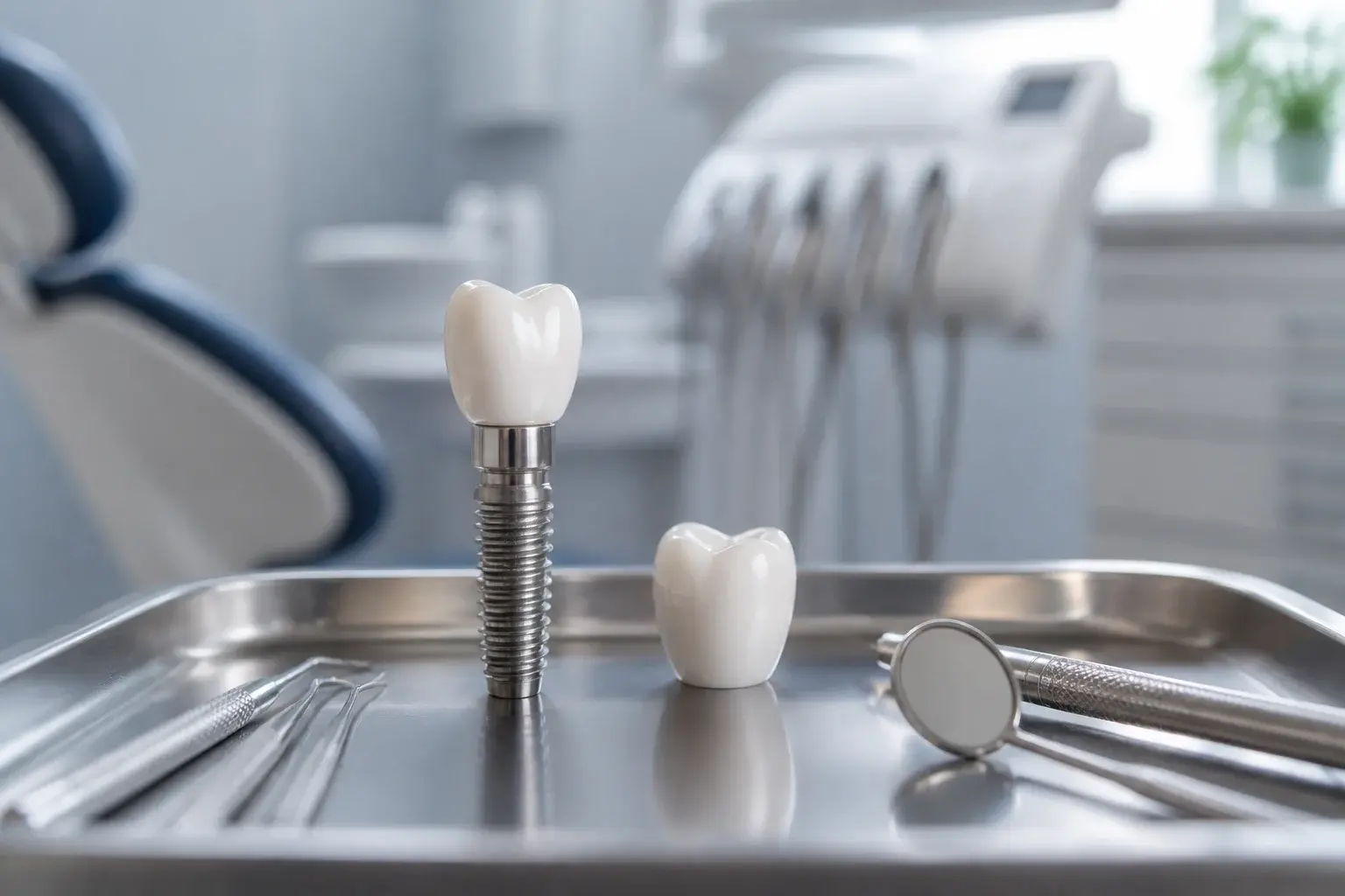 Dental implant model with healing timeline cards showing stages of implant recovery after placement