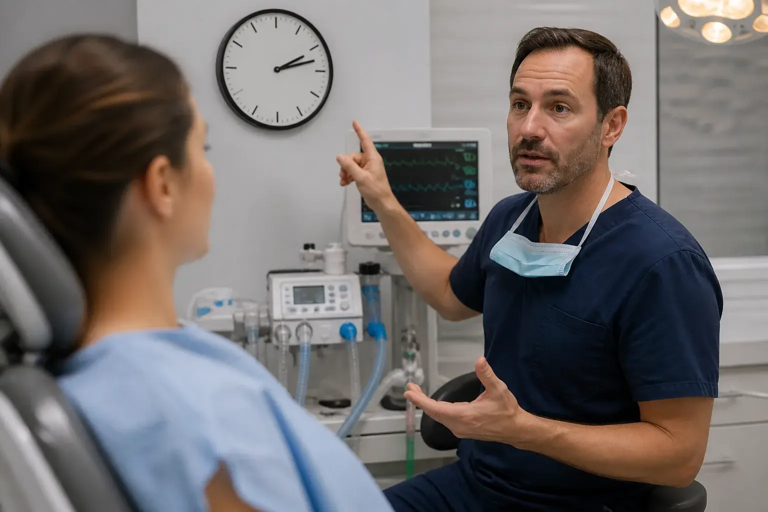 Dental sedation recovery area with clock, vital signs monitor, and patient resting after oral surgery