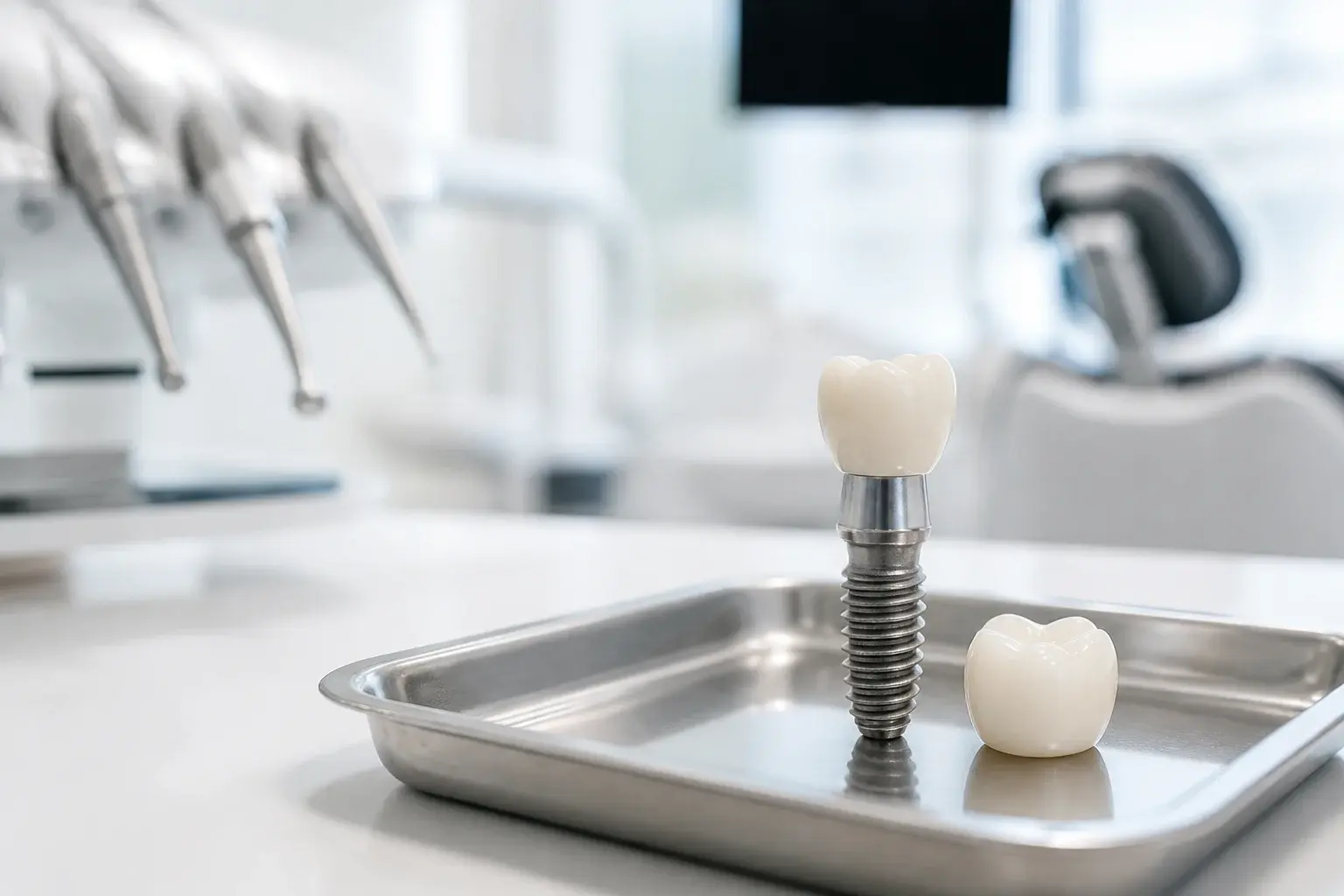 Dental implant crown model beside a treatment estimate sheet for understanding dental implant cost factors