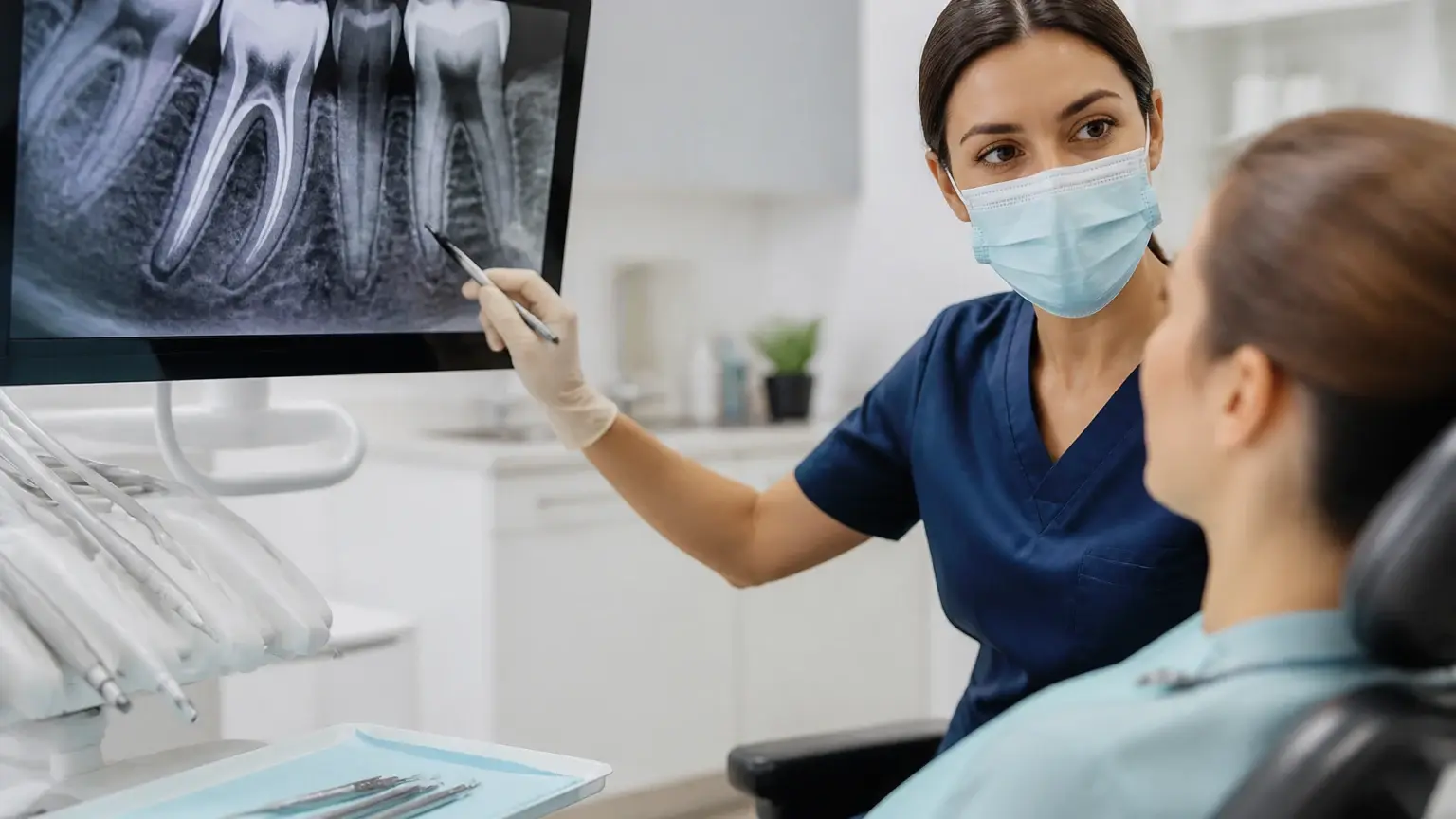 Root canal cost discussion with treatment estimate, dental x-ray, and endodontic instruments
