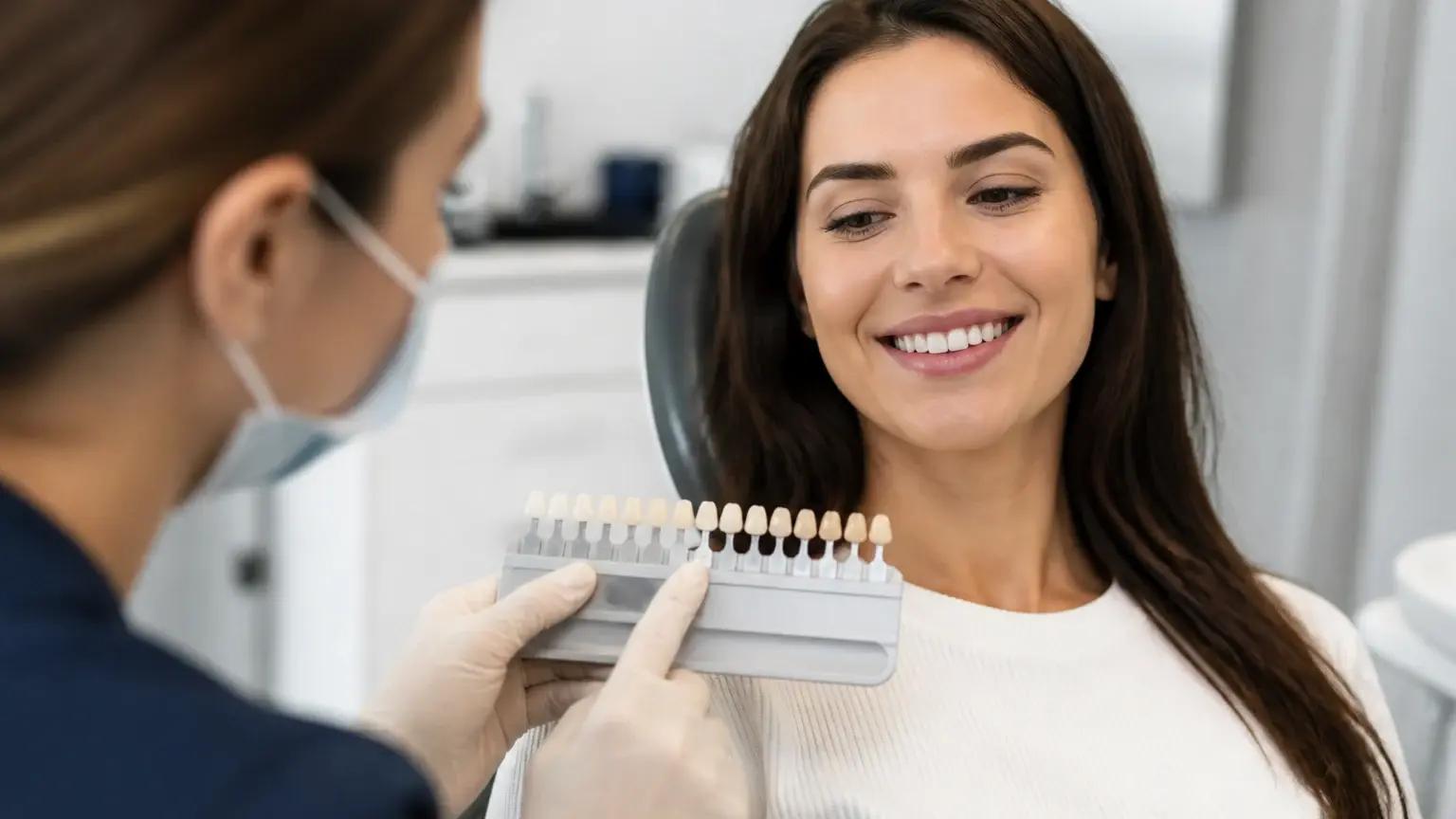 Dentist reviewing whitening shade changes and timing with a patient during a bright smile consultation