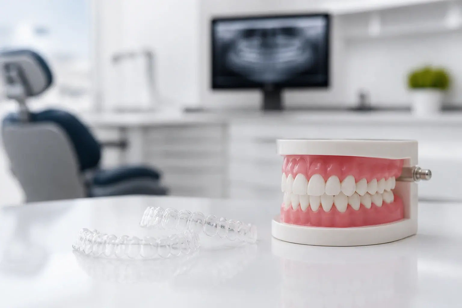 How often do clear aligner checkups happen? hero background photograph