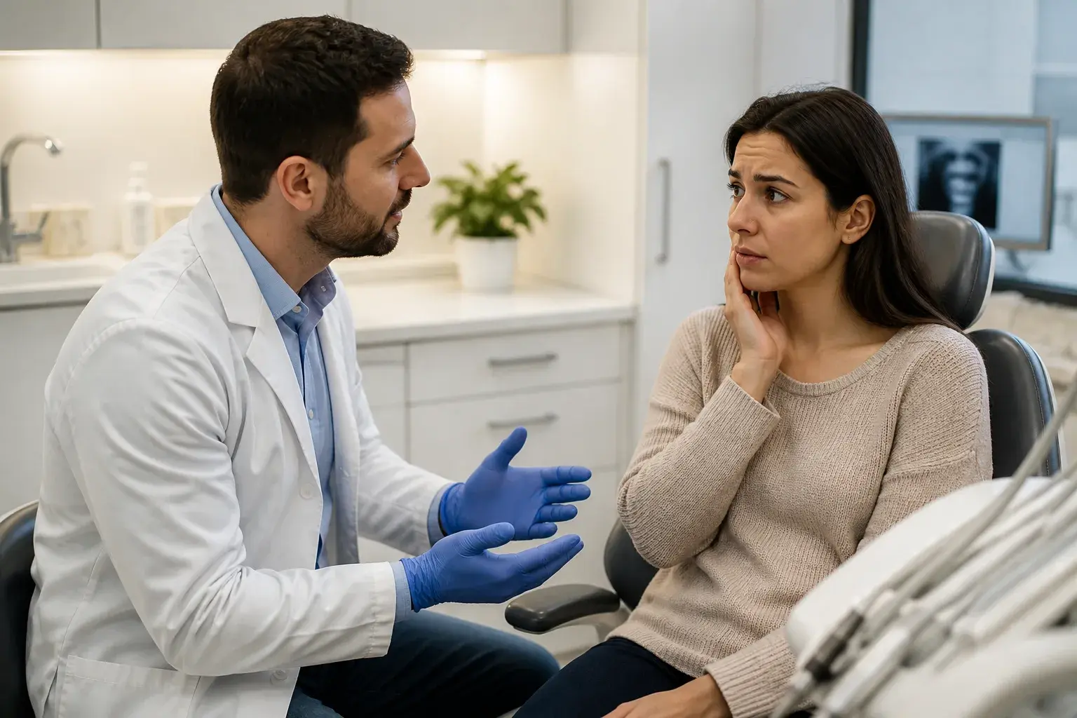 Reassuring dentist helping a nervous adult patient practice calm breathing before treatment