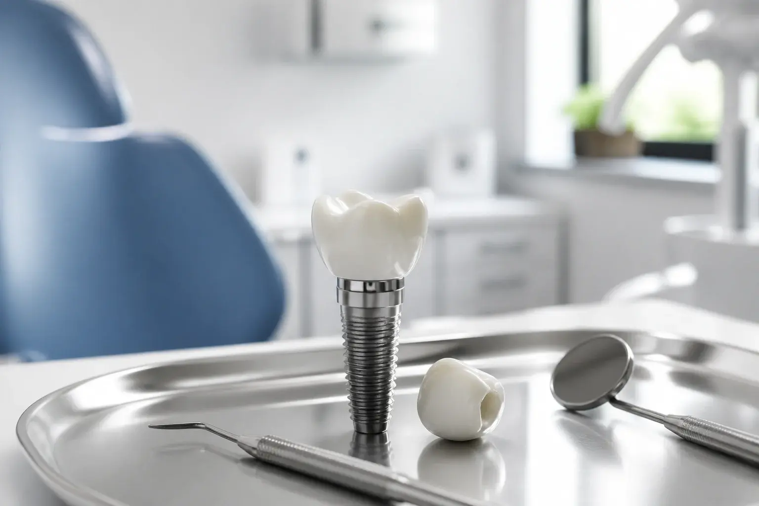 Implant crown with floss, interdental brush, and toothbrush showing daily care for dental implants