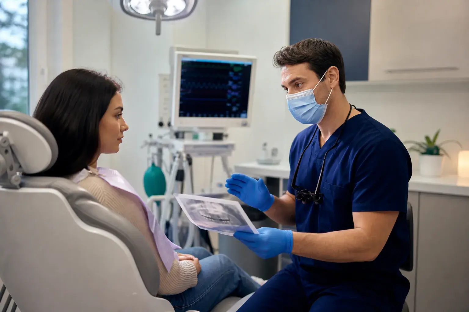 Calm oral surgery preparation visit with checklist, dental imaging, and patient instructions on a clinic desk
