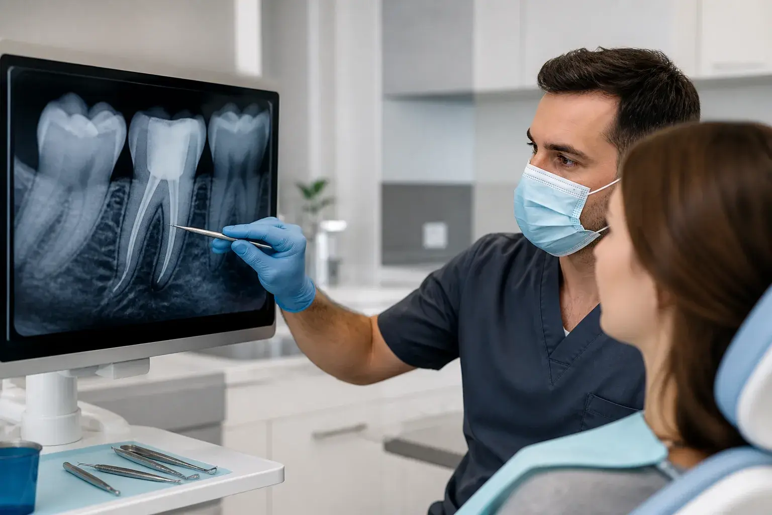 Dentist reviewing a root canal X-ray and sterile endodontic tools to explain treatment safety and risks