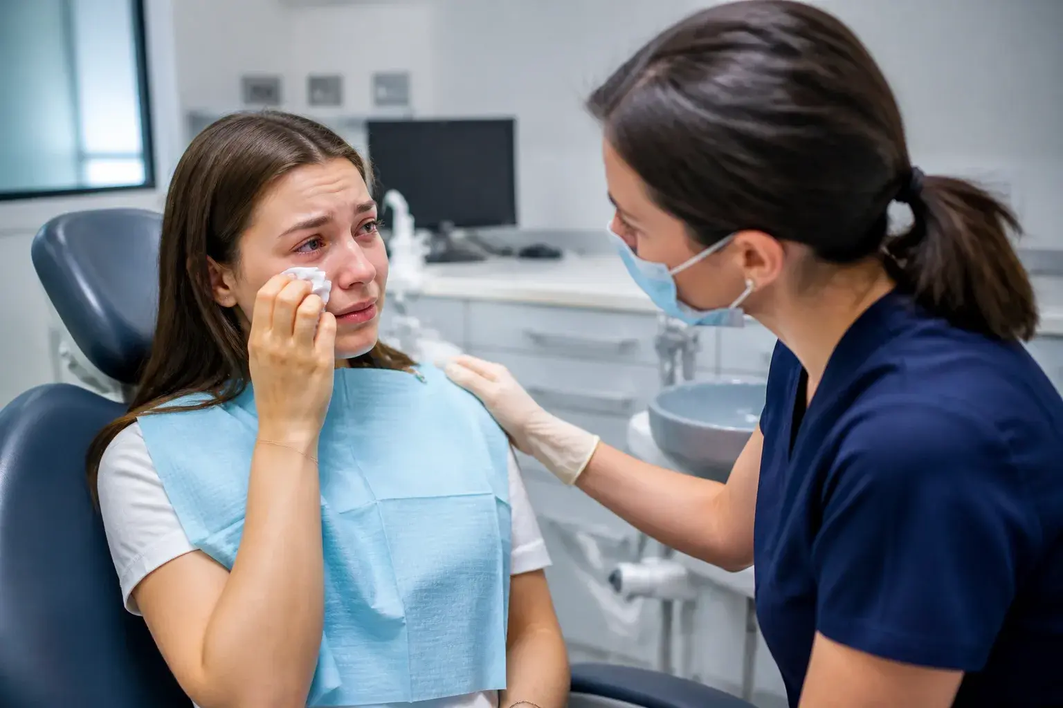 Emotional dental patient comforted by a calm clinician with tissues and supportive chairside care