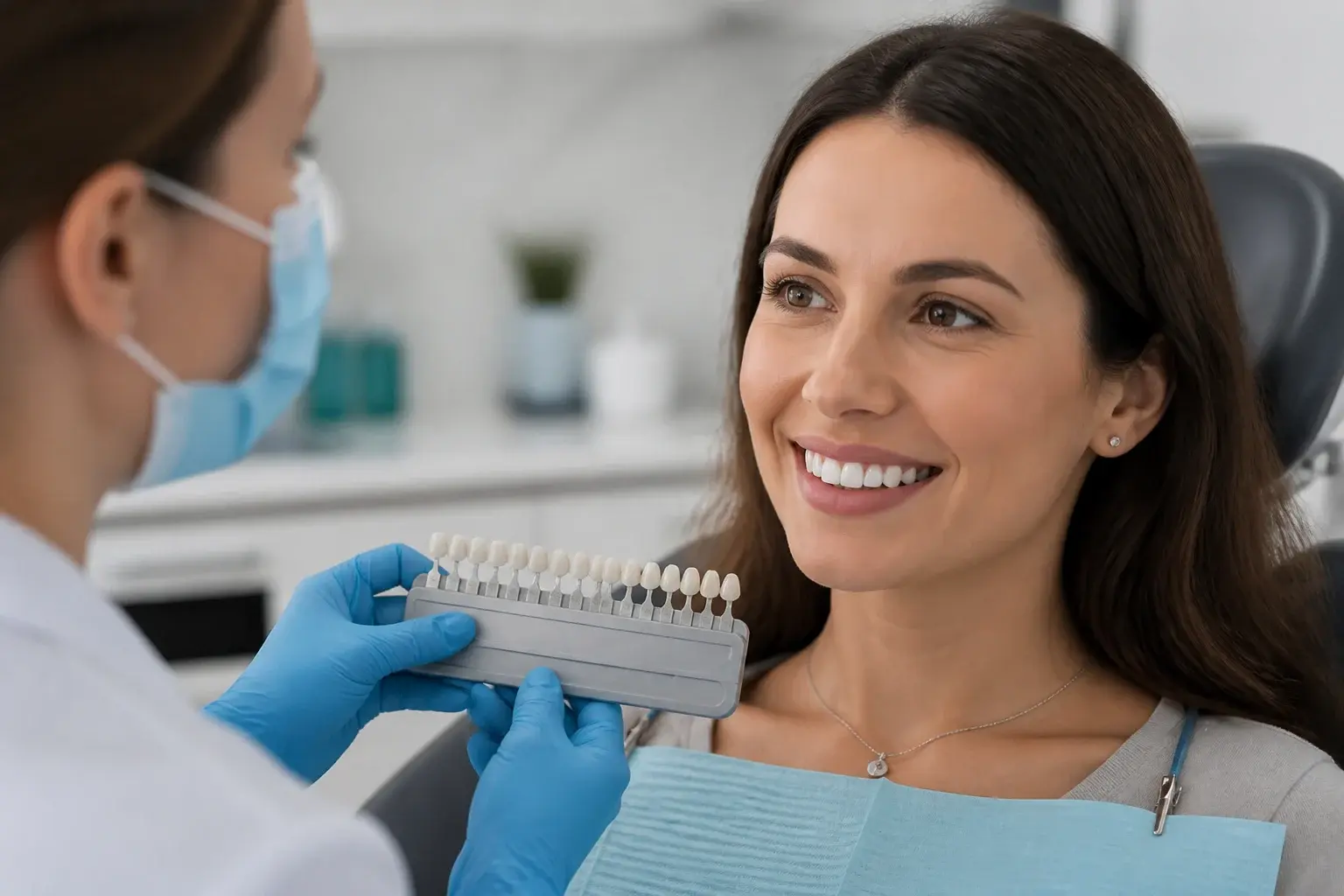 Dentist shade guide and whitening tray in a clinic explaining safe professional teeth whitening