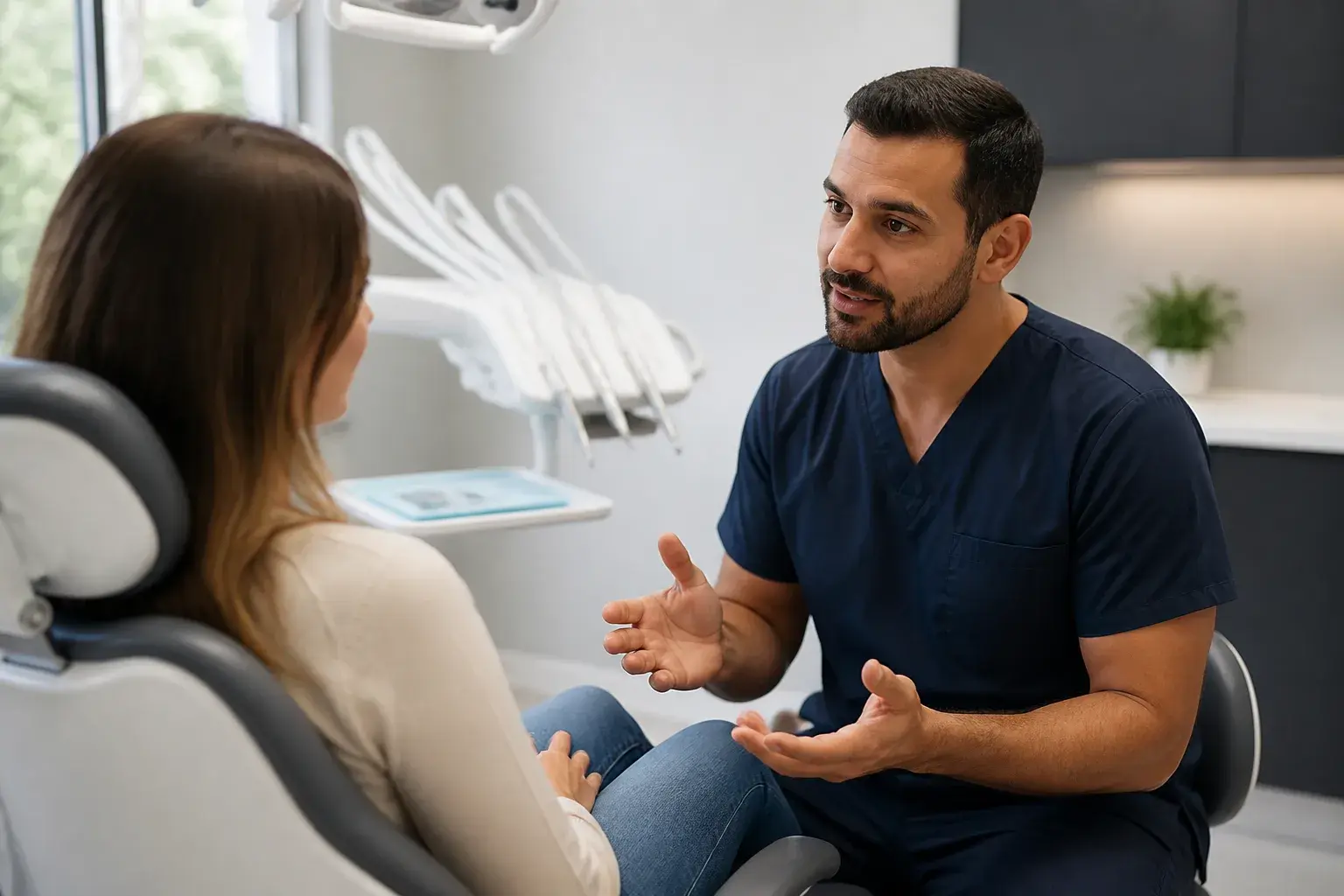 New patient consultation with question list, dental chart, and dentist answering treatment concerns