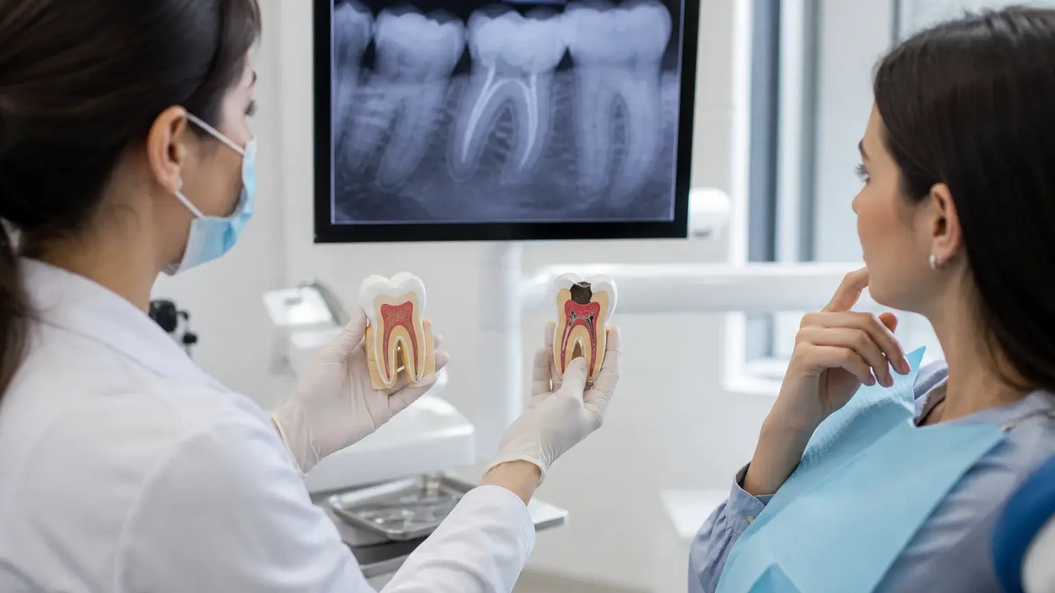 Dentist comparing root canal treatment and tooth extraction options with x-rays at a consultation