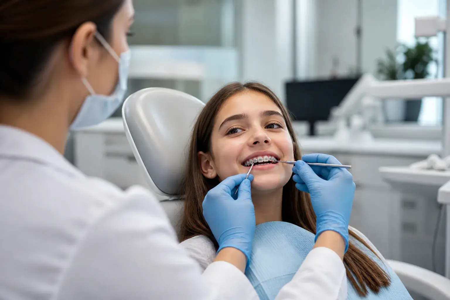 Child orthodontic evaluation scene with braces model showing the right age to discuss early treatment