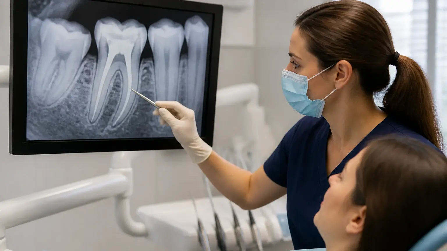 Dentist reviewing tooth pain symptoms and root canal warning signs on a close-up dental x-ray