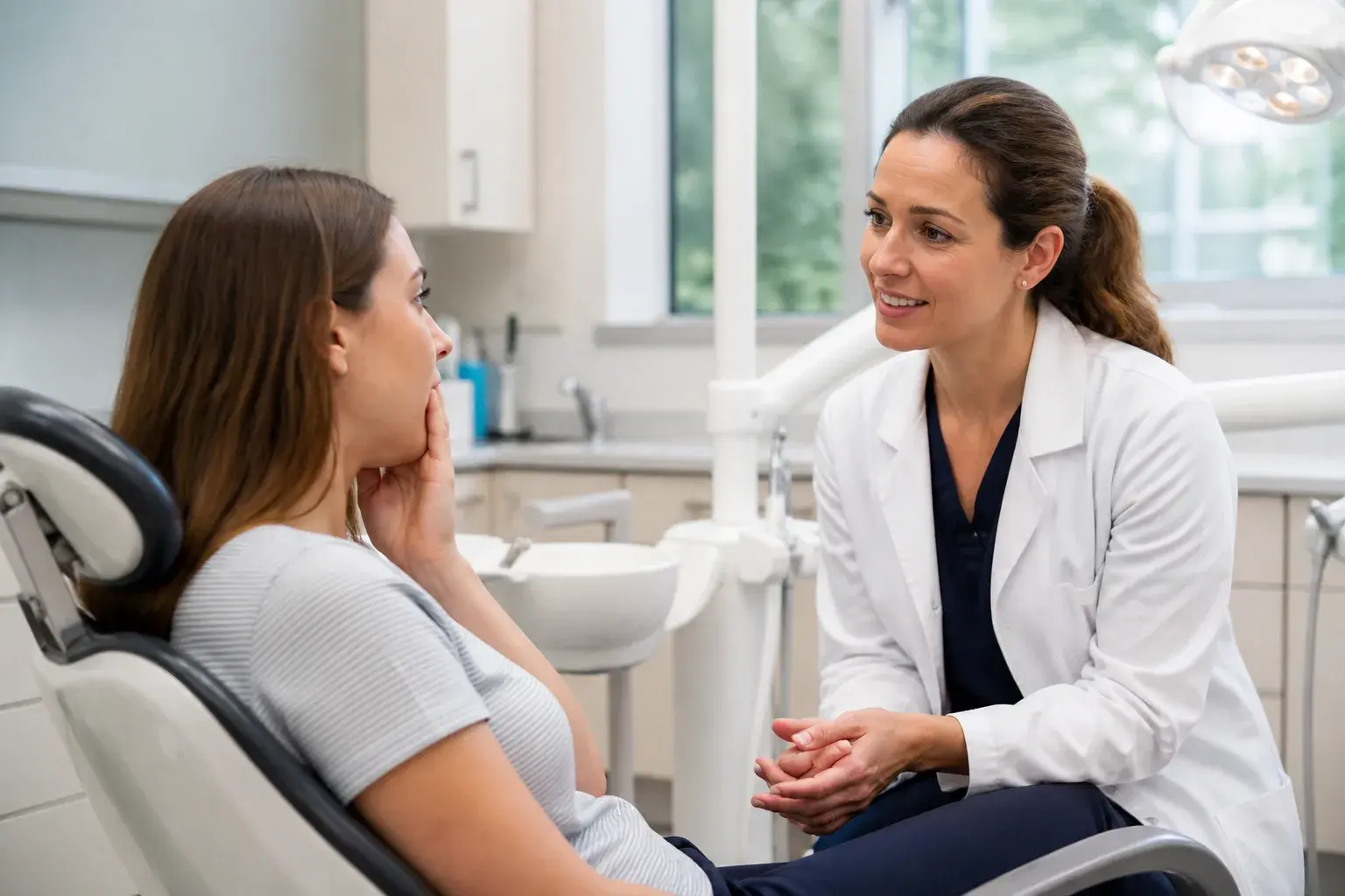 First dental visit consultation with friendly dentist, exam chair, mirror, and welcoming clinic setting