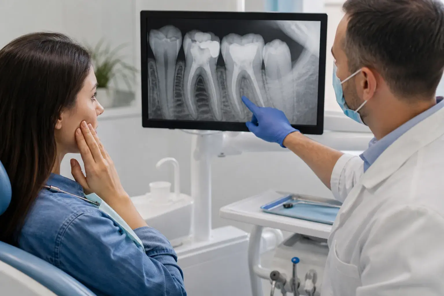 Untreated root canal infection shown on dental X-ray with endodontic tools ready for urgent care