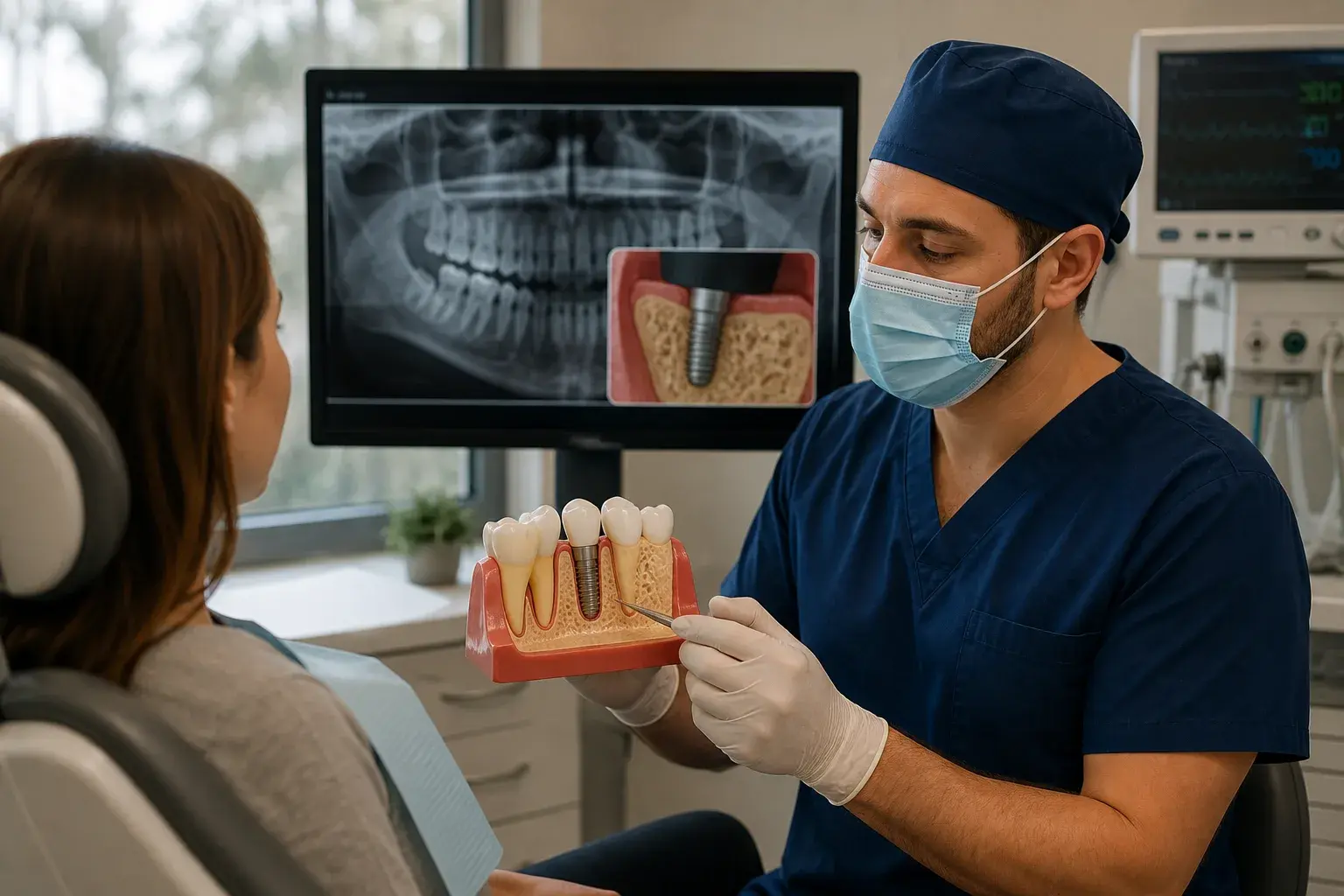 Dental bone graft consultation showing jaw model, bone graft diagram, and surgical planning tools