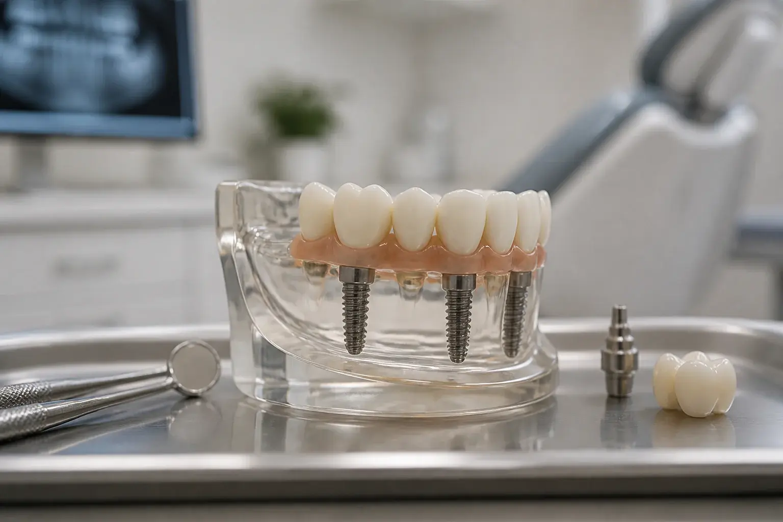 Full-arch implant denture model on four posts demonstrating the All-on-4 dental implant concept