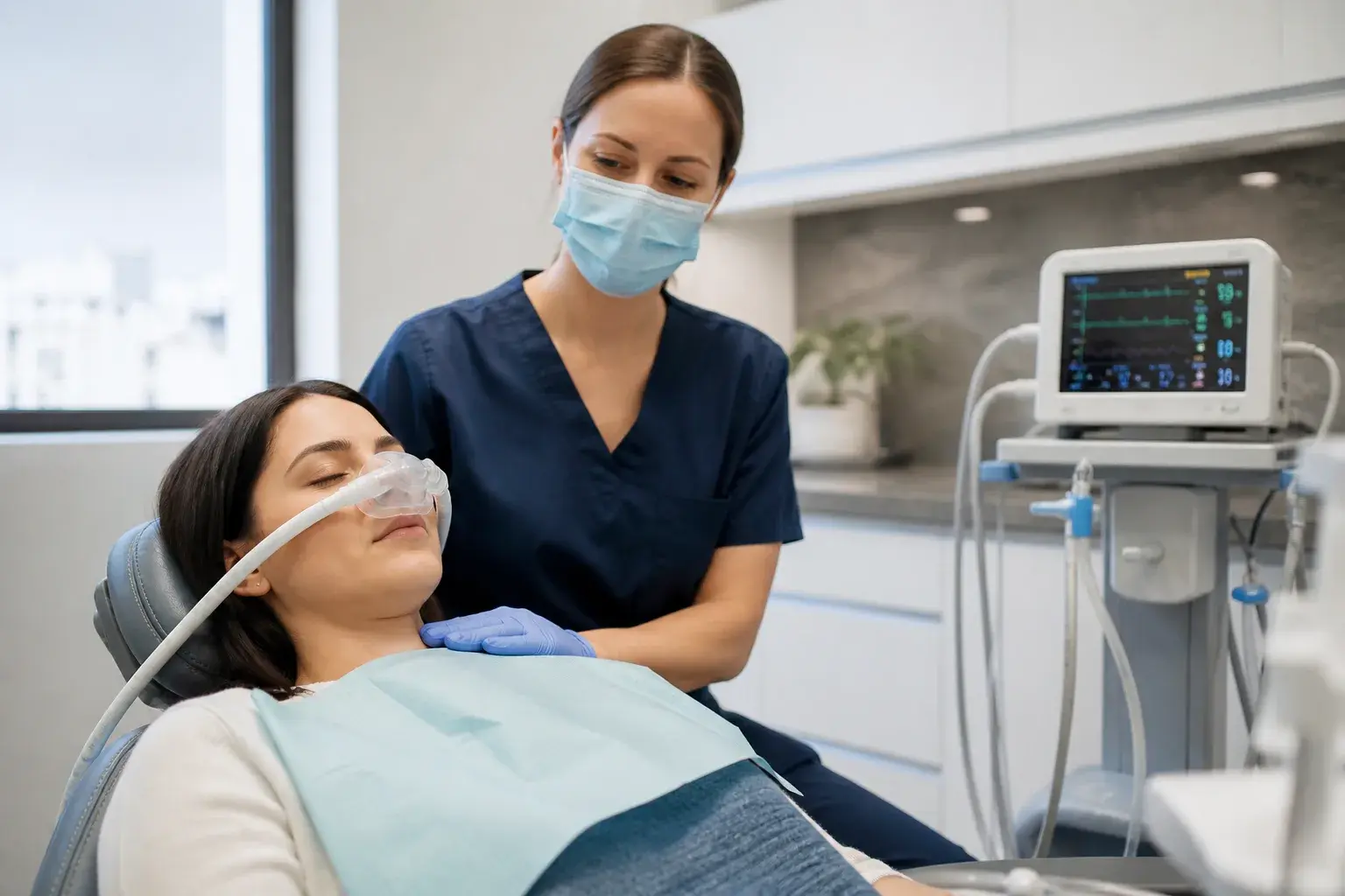 Conscious sedation dental setup with monitoring equipment and a reassuring clinician beside the chair