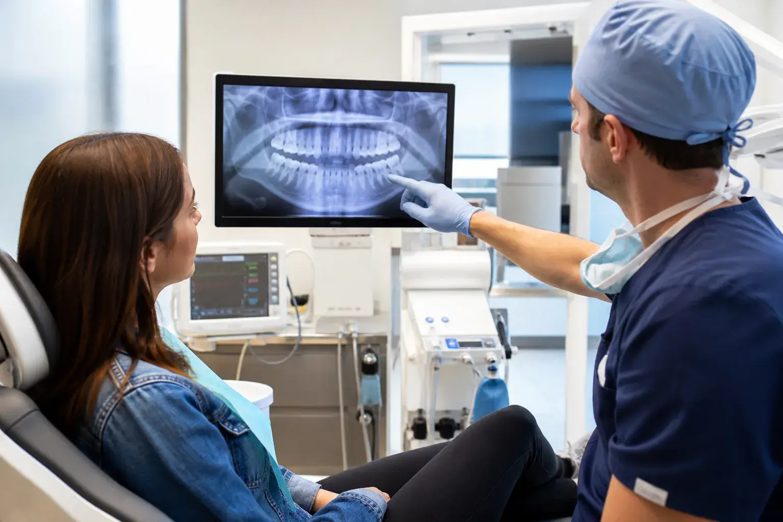 Oral surgery consultation room with instruments, imaging, and sedation monitor for common dental procedures