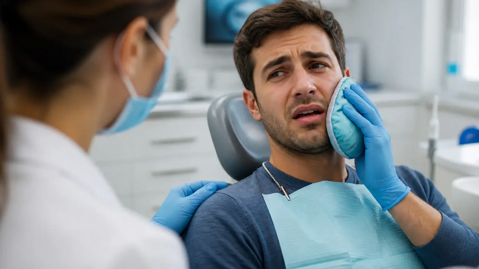 Broken tooth emergency setup with dental mirror, x-ray, and same-day repair plan in a clinic