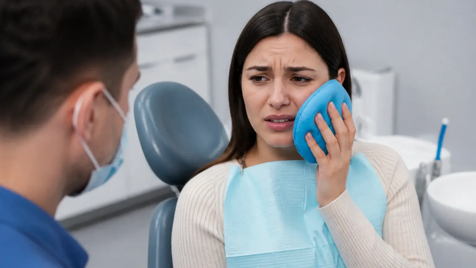 Dentist examining a cracked tooth on an x-ray beside a worried patient in an urgent care room