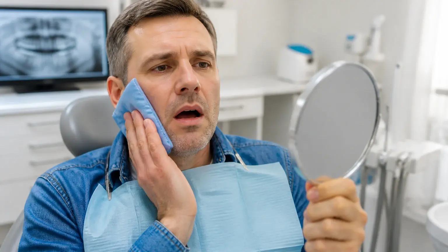 Loose dental crown on a tray beside mirror and gloves during an emergency crown repair consultation