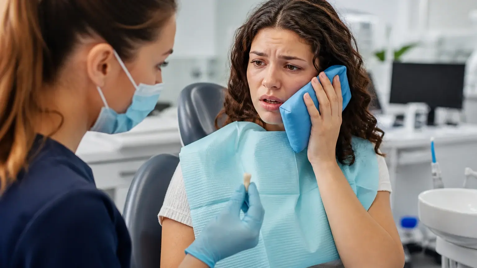 Emergency dental visit setup for saving a knocked-out tooth with tooth container and clinician guidance