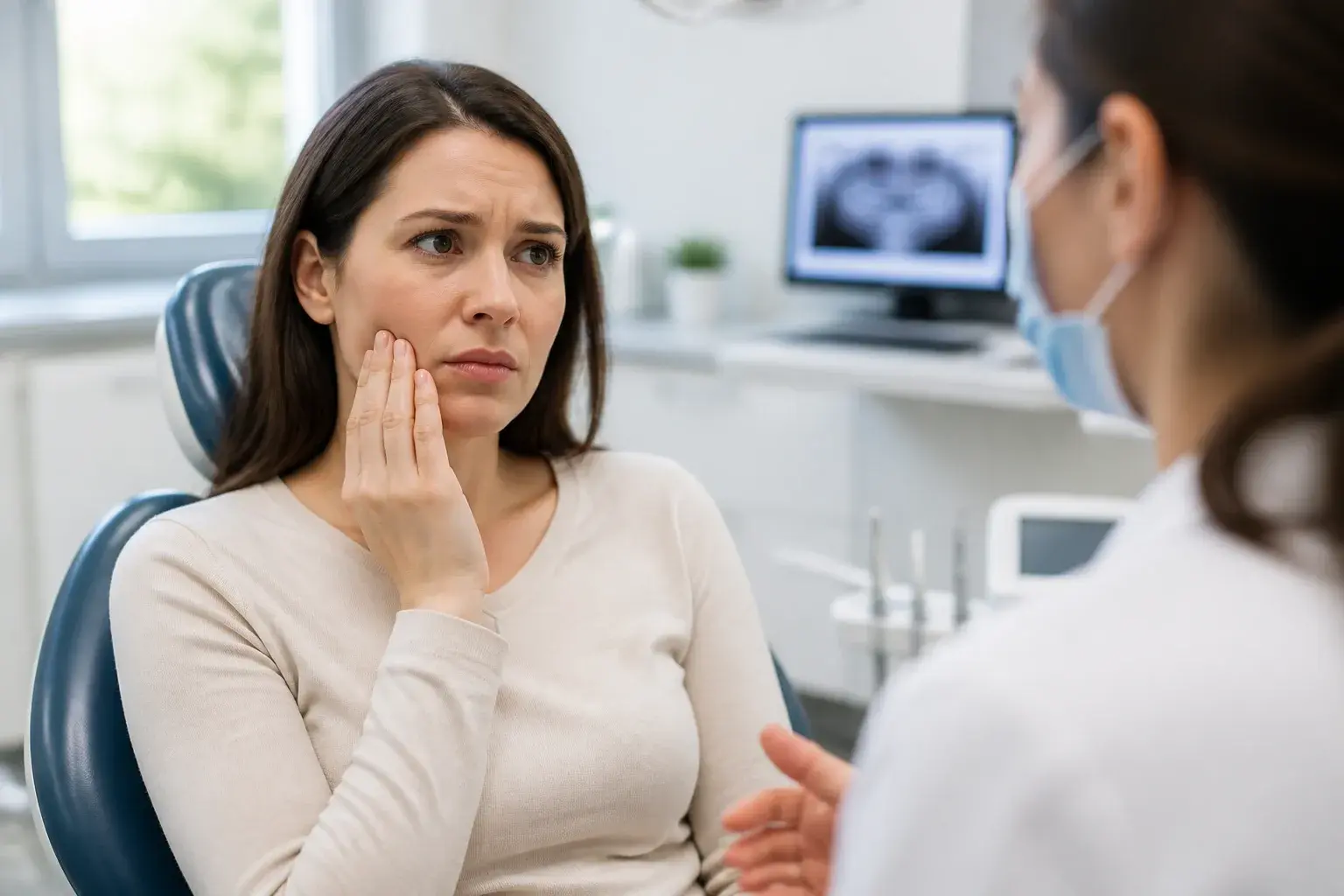 Dentist evaluating jaw movement for clicking symptoms during a TMJ-focused dental appointment