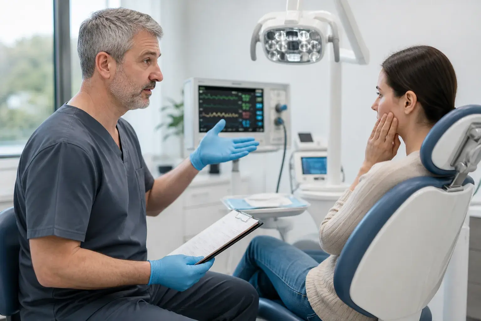 Sedation risk review with medical history form, vital signs monitor, and dentist discussing patient safety