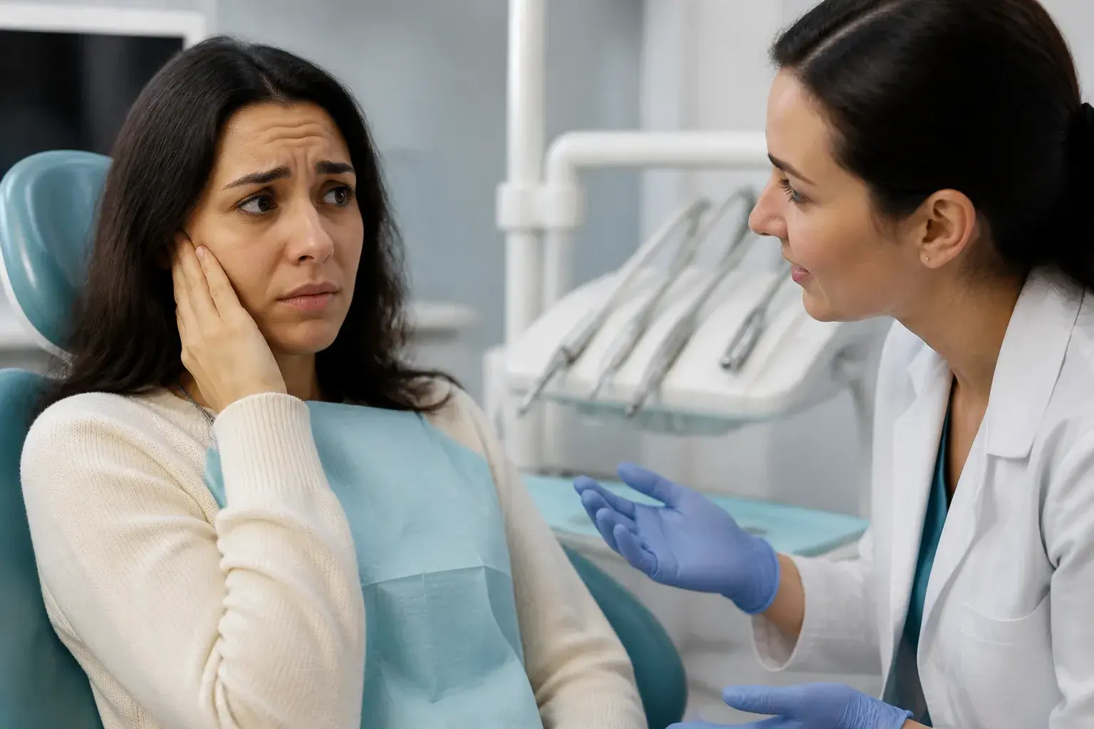 Nervous dental patient holding stress ball while a gentle dentist explains each step of care