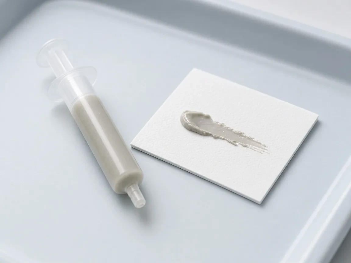 Dental liner syringe and a mixed liner on a pad