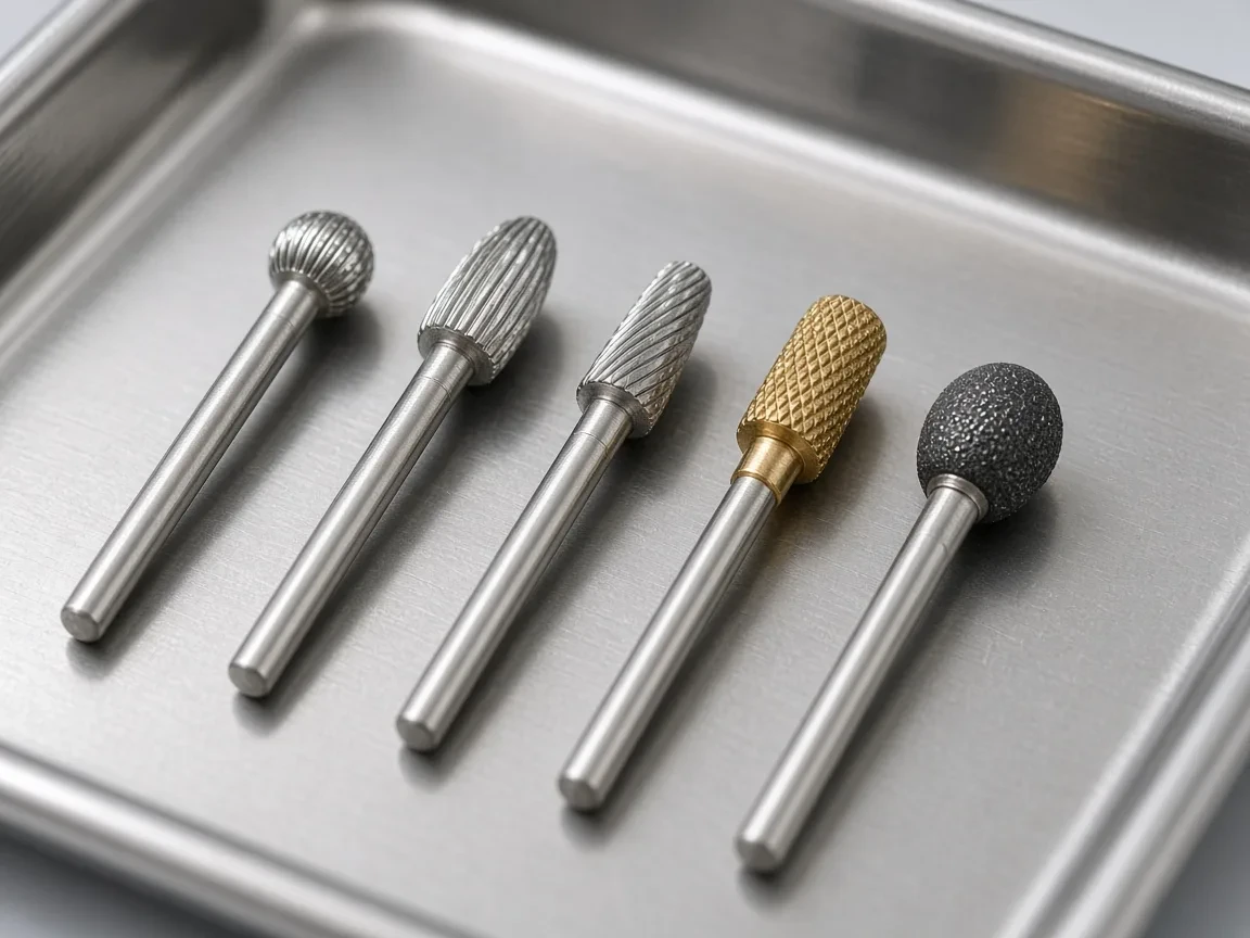 Carbide and diamond dental burs on a tray