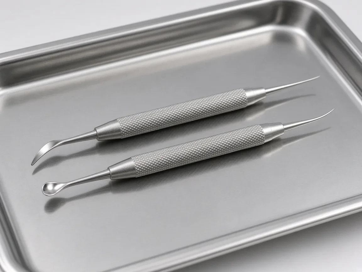 Double-ended dental carvers on a tray