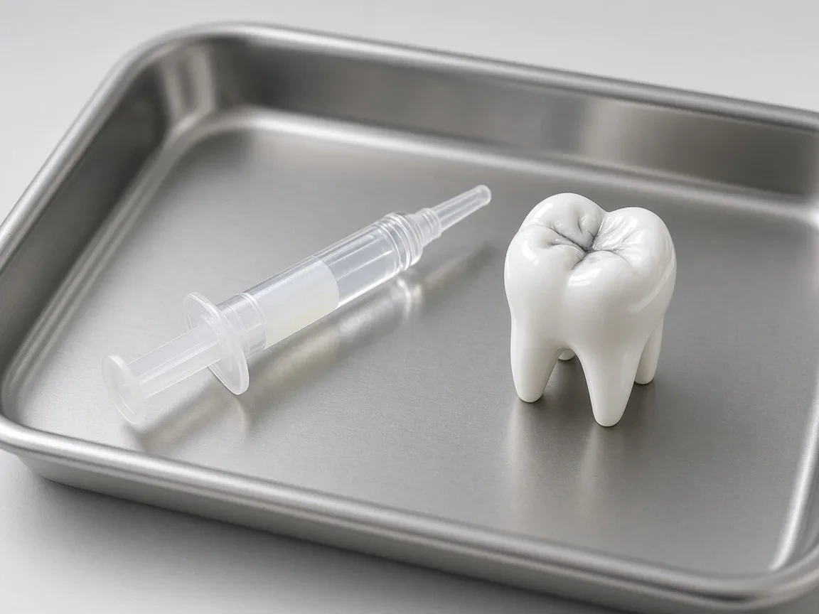 Clear dental sealant syringe beside a molar model