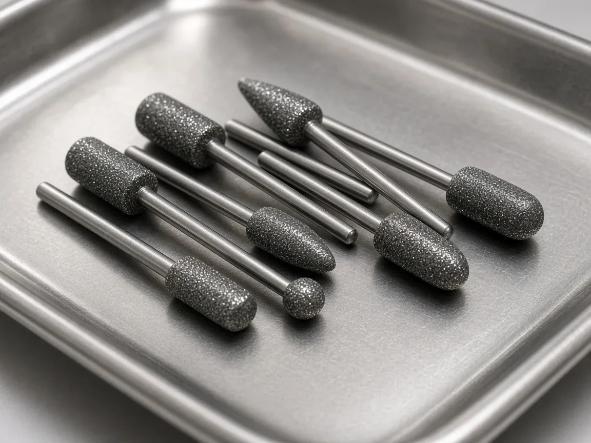 Diamond dental burs on a stainless tray