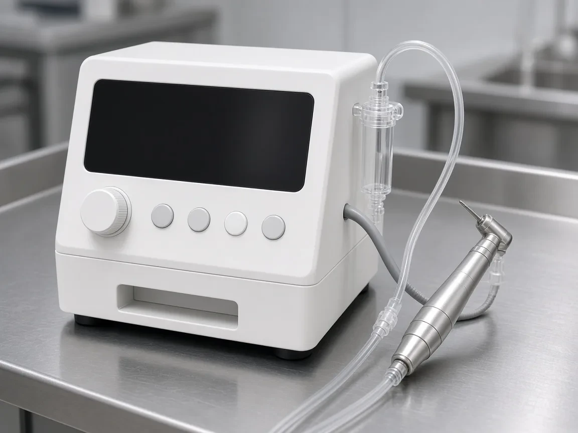 An unbranded implant motor with a surgical contra-angle and irrigation line