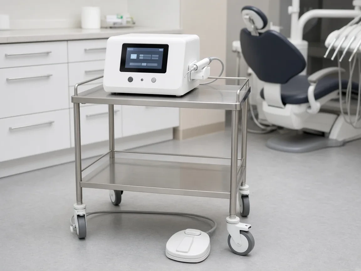 Dental laser console and handpiece on a rolling cart