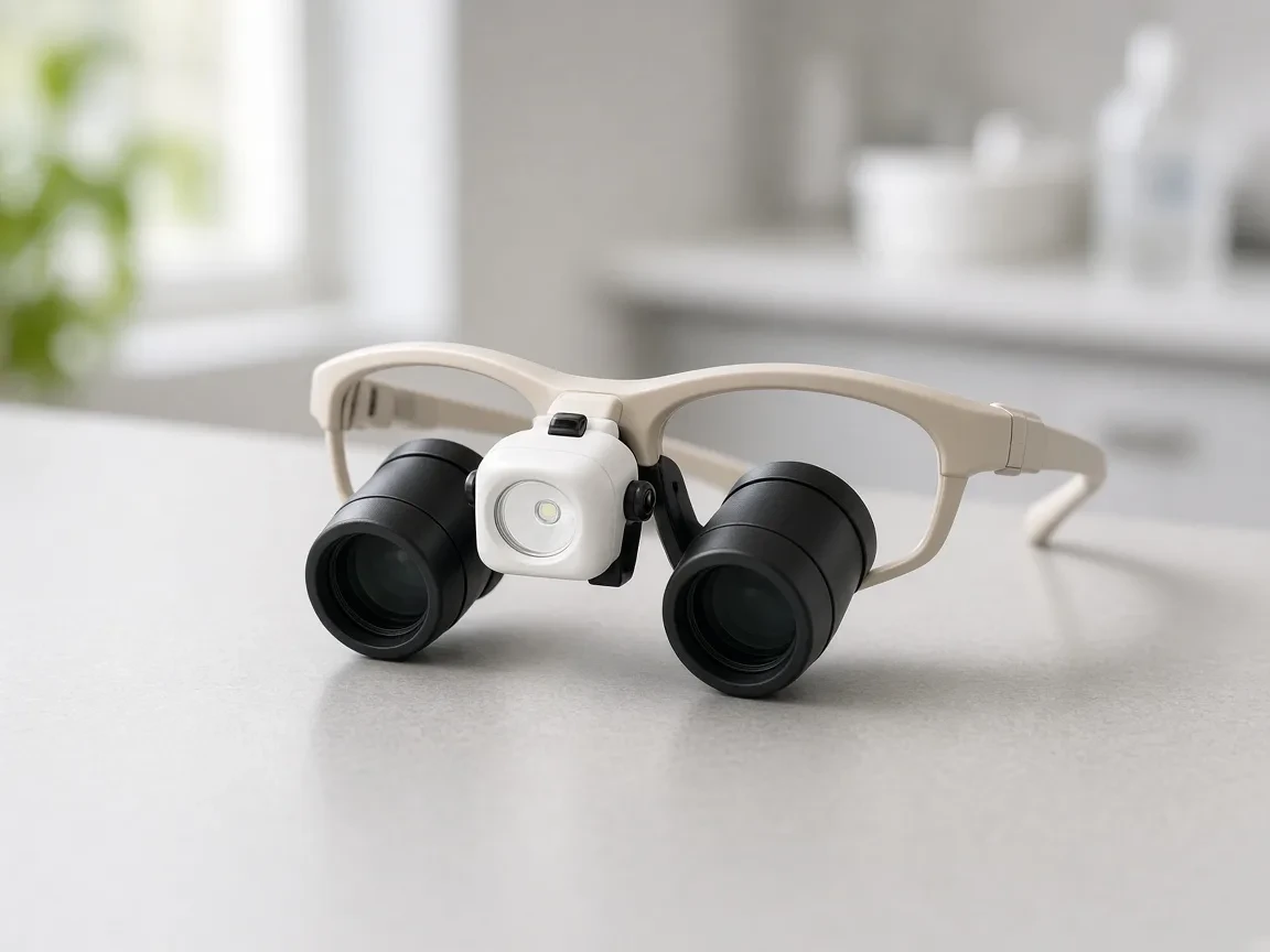 An unbranded loupe frame with a headlamp mounted between the barrels